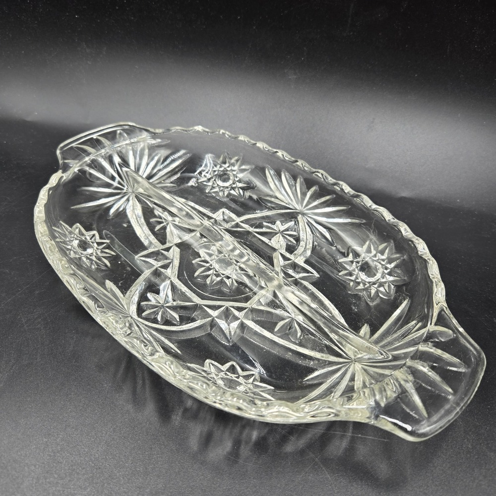 Vtg Anchor Hocking Star of David Clear Glass Divided Relish Dish Tab Handle Eapc